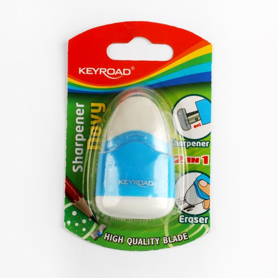 Picture of Navy plastic sharpener, 1 hole with metal blade + eraser, card 1 piece – Keyroad Model KR971057